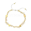 Natural Rose Quartz Chip & Heart Brass Braided Bead Bracelets BJEW-JB10592-1