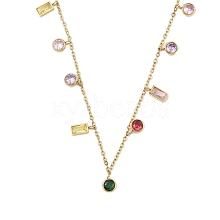 304 Stainless Steel Pave Colorful Cubic Zirconia Flat Round & Rectangle Pendant Necklaces NJEW-N055-03G