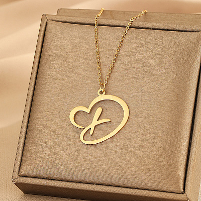 304 Stainless Steel Heart Initial Pendant Necklaces for Women Men FS-WG51A4F-22-1