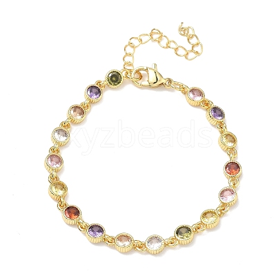 Flat Round Brass Pave Cubic Zirconia Link Chain Bracelets for Women BJEW-P385-01G-1