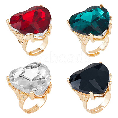 4Pcs 4 Colors Glass Heart Adjustable Rings Set RJEW-FI0001-11-1