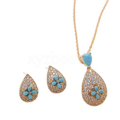 Brass Micro Pave Cubic Zirconia Pendant Necklaces & Stud Earrings Sets FS-WGE5CB1-02-1