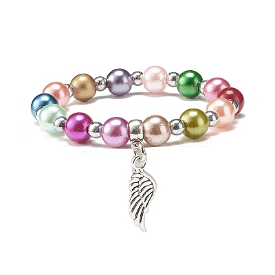 Imitation Pearl Beaded Stretch Bracelet with Drop Charm for Kids BJEW-JB07638-1