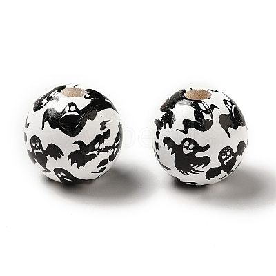 Printed Round Wood European Beads WOOD-M006-01-1