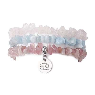 3Pcs 3 Styles Natural Aquamarine & Rose Quartz Chips Stretch Bracelets Sets BJEW-JB11076-06-1