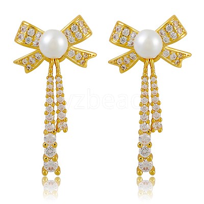 Clear Cubic Zirconia Bowknot Dangle Stud Earrings with Imitation Pearl Beaded JE1094A-1