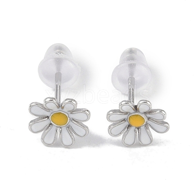 Anti-Tarnish Enamel Daisy Rhodium Plated 999 Fine Silver Stud Earrings for Women EJEW-S215-12P-1