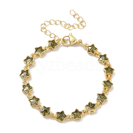 Star Brass Pave Cubic Zirconia Link Chain Bracelets for Women BJEW-P385-03G-06-1