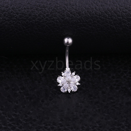 304 Stainless Steel Clear Cubic Zirconia Flower Curved Barbell Belly Rings FS-WG2B467-01-1