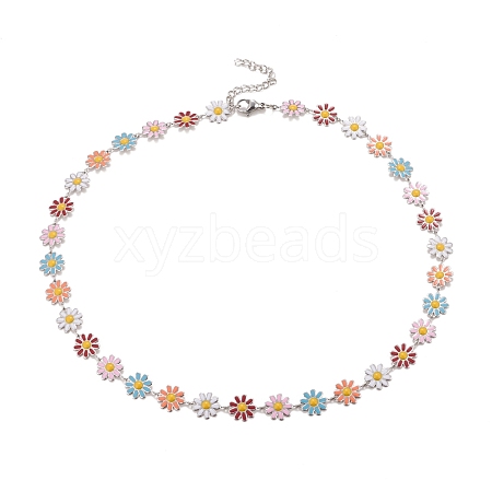 Enamel Daisy Link Chain Necklace NJEW-P220-01P-03-1
