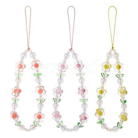 GOMAKERER 3Pcs 3 Colors Flower Plastic Beaded Mobile Phone Lanyard Wrist Strap FIND-GO0001-40-1