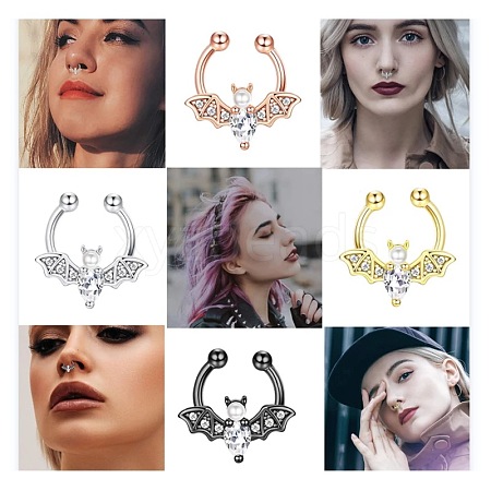 316L Stainless Steel Clear Cubic Zirconia Halloween Bat Clip-on Nose Septum Rings WG4B0C3-04-1