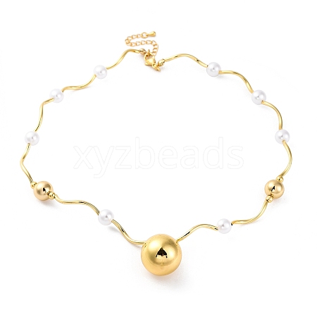 Rack Plating Brass & ABS Plastic Pearl Beads Round Ball Pendant Necklaces for Women NJEW-C059-07G-1