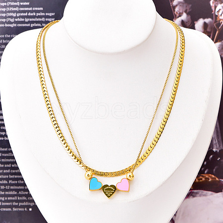 Colorful Triple Heart Titanium Steel Enamel Double Layer Necklaces for Women WGF01DB-01-1