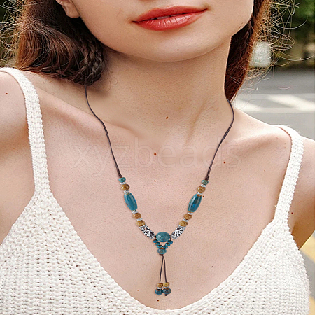 1Pc Alloy & Porcelain Barrel Beaded Tassel Pendant Long Bib Necklaces for Women NJEW-LP0003-07-1