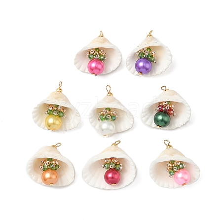 8Pcs 8 Colors Natural Shell & Round Glass Pendants PALLOY-MZ00912-1