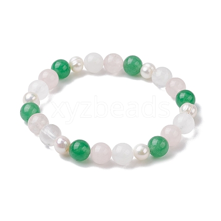 Natural Rose Quartz & Green Aventurine & Pearl Round Beaded Stretch Bracelets for Women BJEW-JB11041-04-1