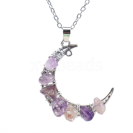 Natural Amethyst Chips Crescent Moon Pendant Necklace PW-WG21068-05-1