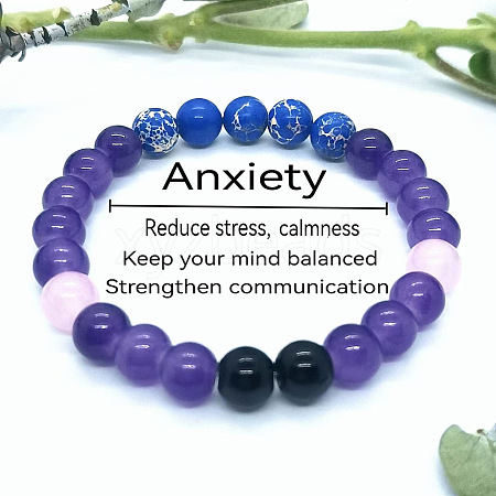 Round Natural Amethyst & Rose Quartz & Dyed Imperial Jasper & Black Jade Beads Stretch Bracelets for Girl Women FS-WGE0C43-05-1