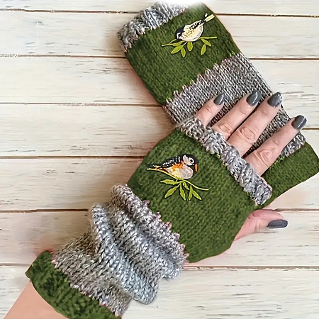 Acrylic Fibers Bird Pattern Knitting Fingerless Gloves PW-WG647CB-04-1