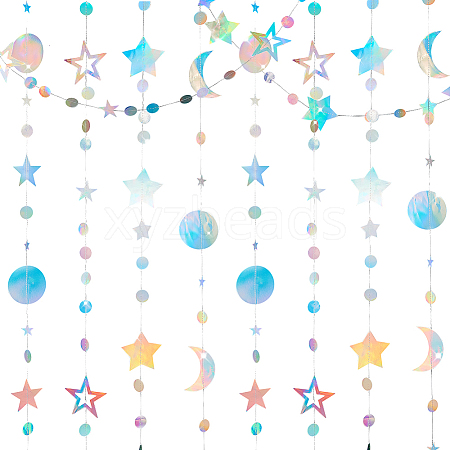   4Pcs 4 Style Iridescent Paper Glitter Circle Star Garland AJEW-PH0004-59-1