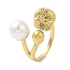 304 Stainless Steel Round Ball Open Cuff Ring with ABS Plastic Imitation Pearl RJEW-G297-02G-1