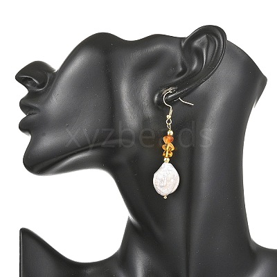Natural Amber Chip & Natural Keshi Pearl Dangle Earrings EJEW-JE07445-01-1