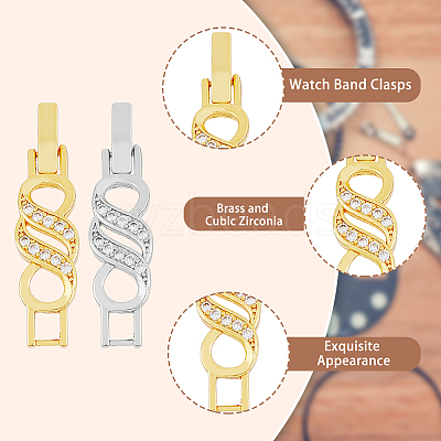 10Pcs 2 Colors Rack Plating Brass Micro Pave Clear Cubic Zirconia Watch Band Clasps ZIRC-DC0001-08-1