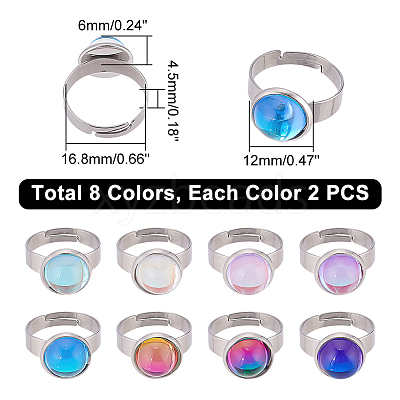 16Pcs 8 Colors Half Round K9 Glass Adjustable Ring RJEW-DC0001-13-1