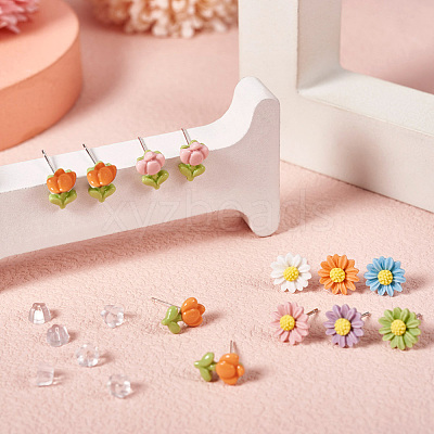 10pcs 8 style Flower Porcelain Stud Earrings EJEW-TA0001-30-1
