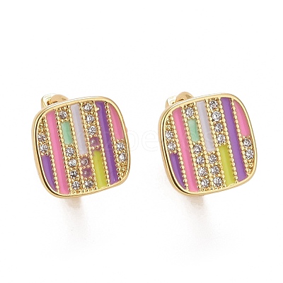 Colorful Enamel Stripe Rectangle Hoop Earrings with Cubic Zirconia X-EJEW-I265-06G-1