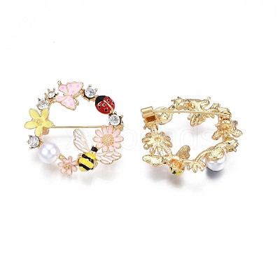 Flat Round with Butterfly Bee Flower Enamel Pin with Rhinestone JEWB-N007-070-1