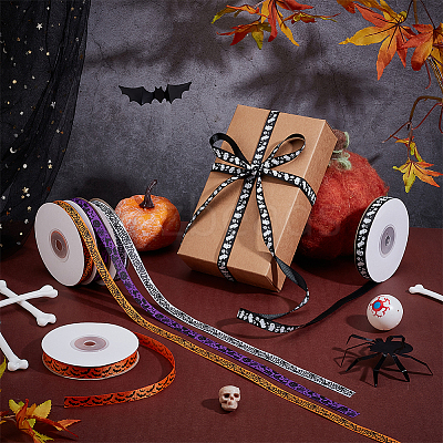 5 Rolls 5 Styles Halloween Theme Polyester Printed Grosgrain Ribbon OCOR-PH0004-42-1