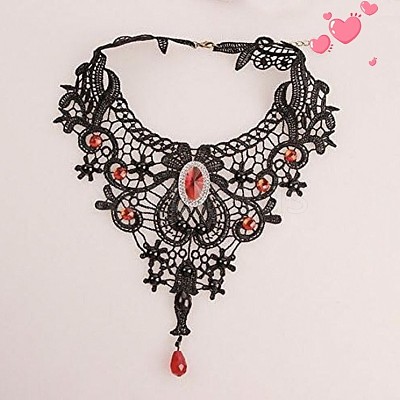 Gothic Alloy Glass Lace Heart Statement Bib Choker Necklaces for Women FS-WGE10D6-02-1