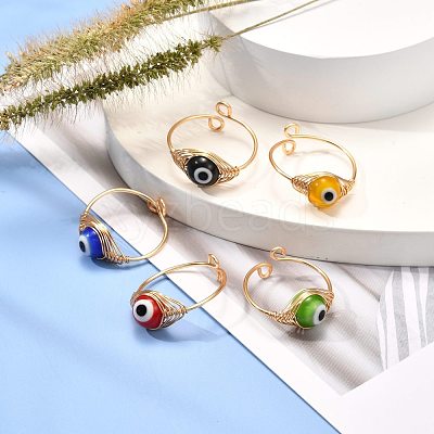 Copper Wire Wrapped Handmade Lampwork Adjustable Rings for Women or Men RJEW-JR00389-1