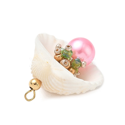 8Pcs 8 Colors Natural Shell & Round Glass Pendants PALLOY-MZ00912-1
