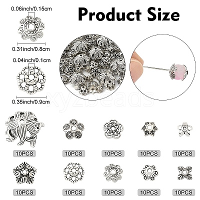 100Pcs 10 Styles Tibetan Style Bead Caps TIBE-YW0001-88-1