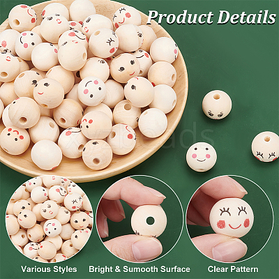 90Pcs 6 Styles Printed Wood European Beads WOOD-PH0002-89-1