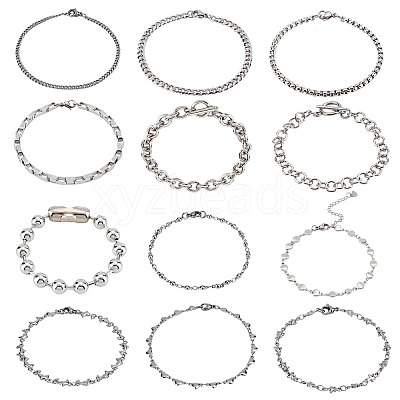 12Pcs 12 Style 304 Stainless Steel Chain Bracelets BJEW-DC0001-02-1