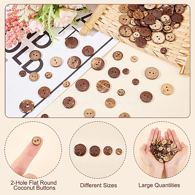 200Pcs 4 Style 2-Hole Flat Round Coconut Buttons BUTT-AR0001-03-1