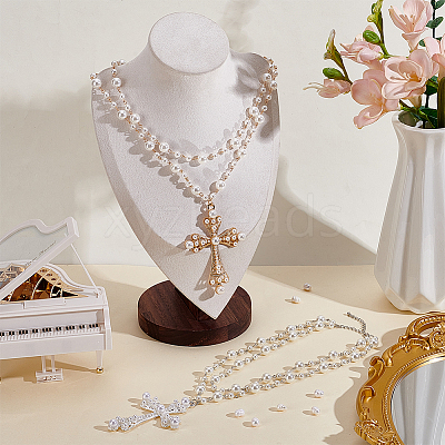 2Pcs 2 Colors Alloy and Imitation Pearl Cross Big Pendant Double-Layer Link Chain Necklaces for Women NJEW-AR0001-09-1