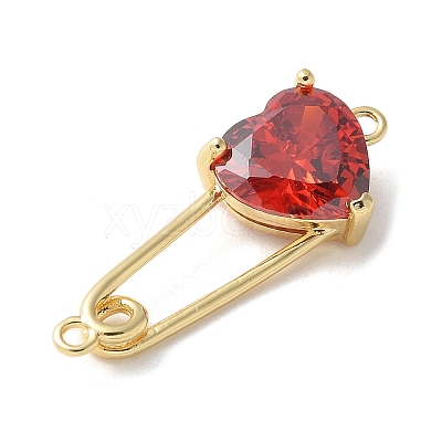 Brass Cubic Zirconia Heart Safety Pin Connector Charms KK-Q031-45G-02-1