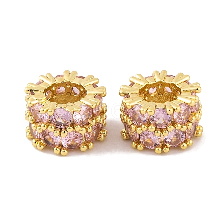 Rack Plating Brass Micro Pave Pink Cubic Zirconia European Beads KK-K367-19G-1