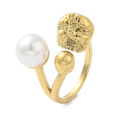 304 Stainless Steel Round Ball Open Cuff Ring with ABS Plastic Imitation Pearl RJEW-G297-02G-1