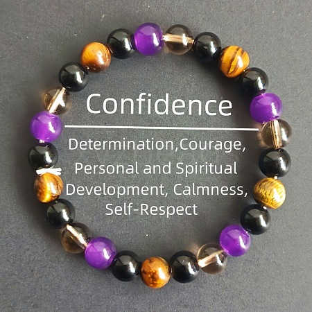 Round Natural Tiger Eye & Black Obsidian & Amethyst & Smoky Quartz Beads Stretch Bracelets for Girl Women FS-WGE0C43-09-1