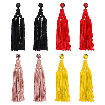 4 Pairs 4 Colors Polyester Tassels Earrings with Seed Beaded EJEW-FI0002-96-1