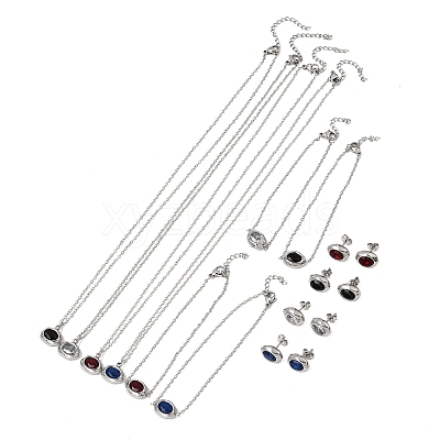 304 Stainless Steel & Cubic Zirconia Stud Earrings & Pendant Necklaces & Link Bracelets Sets SA-CBADCF0-02P-1