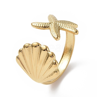 Ion Plating(IP) 304 Stainless Steel Shell with Starfish Open Cuff Ring for Women X-RJEW-C046-03G-1