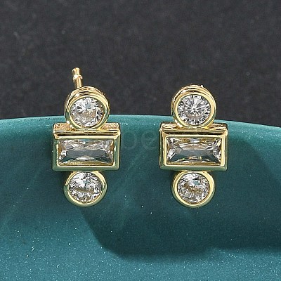 Rectangle with Flat Round Brass Micro Pave Clear Cubic Zirconia Stud Earrings X-EJEW-G452-12G-1