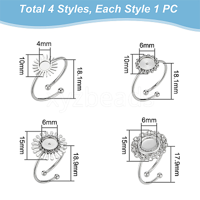 4Pcs 4 Styles 304 Stainless Steel Open Cuff Ring Findings STAS-UN0049-03-1